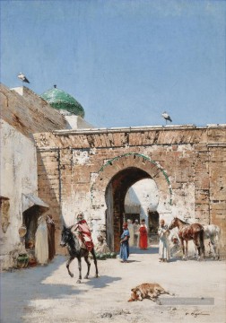 orientaliste - HORSEMAN à la porte d’une ville d’Afrique du Nord Victor Huguet orientaliste
